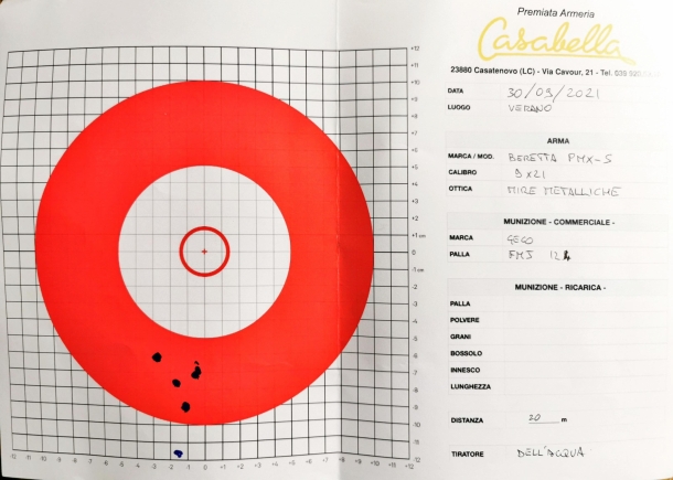 Beretta PMXs: la prova a fuoco Rosata a 20 m, tiro mirato in posizione in piedi, mire metalliche, cartucce RWS Geco 9x21 124 grani.