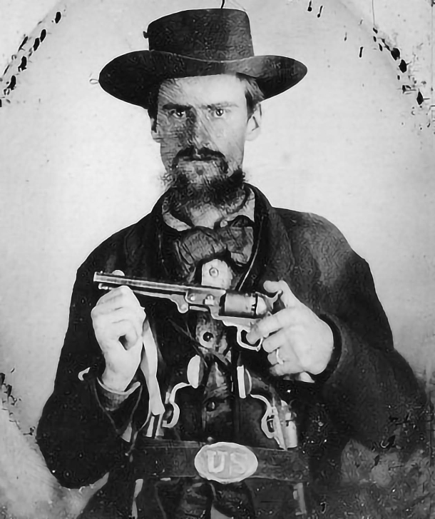Black powder: preloaded spare cylinders in cap and ball revolvers John Jarrette, with Quantrill's Raiders first, then in the infamous "Younger Gang", with two revolvers in the belt and one in the hand. Probably at least two more would be carried in saddle holsters.