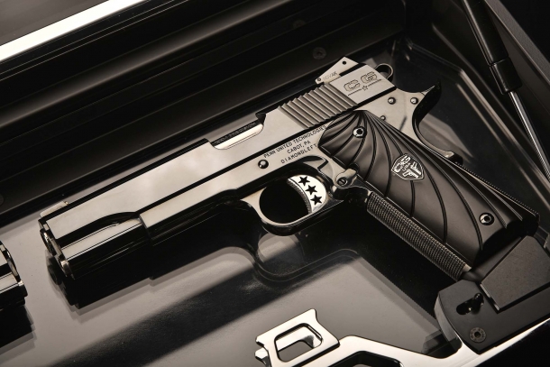The left-handed model of the Cabot Guns Mirror Image Pistols set