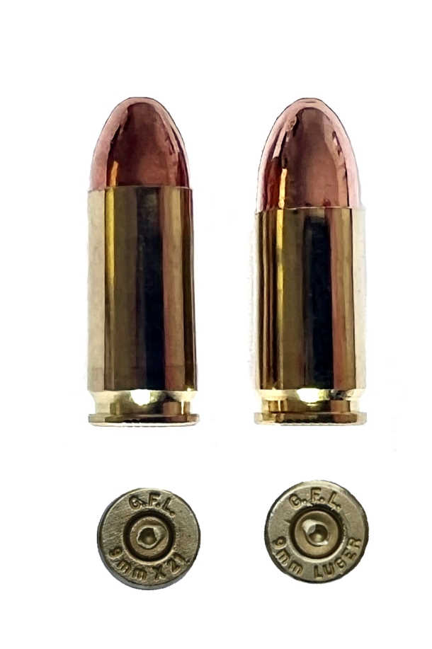 Glock 17 gen 5 in calibro 9mmX19 a sinistra la 9mm x 21 a destra la 9mm Luger. Le due cartucce montano la classica palla round da 124 grani, hanno la stessa altezza finale e medesime prestazioni di energia cinetica