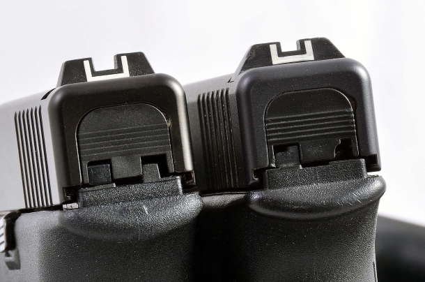 Glock G19 Gen5 calibro 9mm Rispetto alle tacche di mira precedenti, quella installata sull'ultimo modello in prova, ha una finestra più ampia che facilita l'acquisizione del mirino