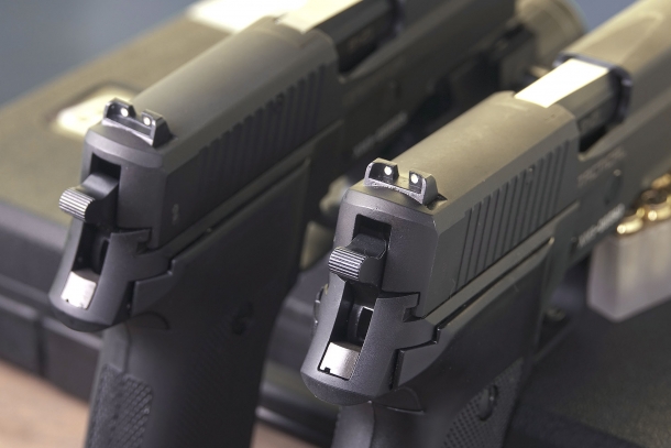 The rear sight is recessed to prevent glaring