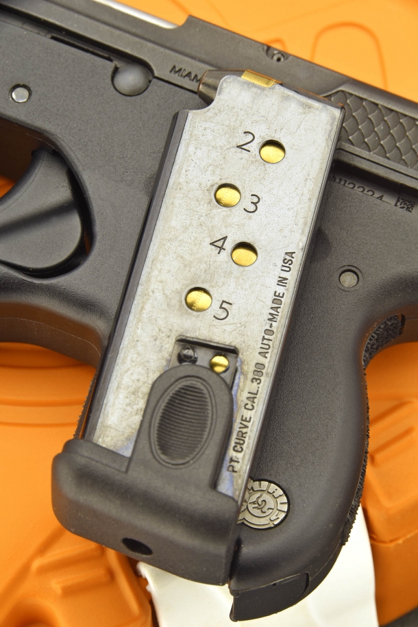 The six-shots, single-stack magazine is manufactured in the U.S., and the outer finish is not exactly "premier"...