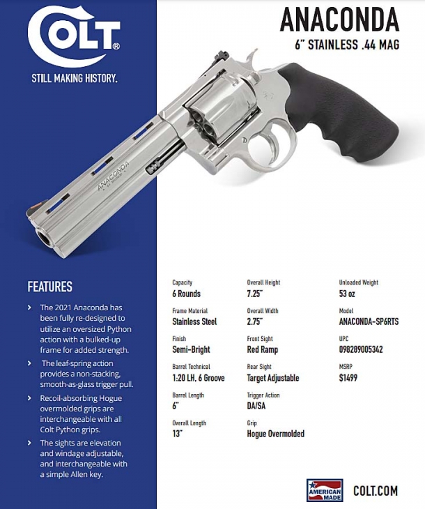 Colt Anaconda revolver: back by popular demand Technical features of the new Colt Anaconda revolver, in its 6" barrel variant