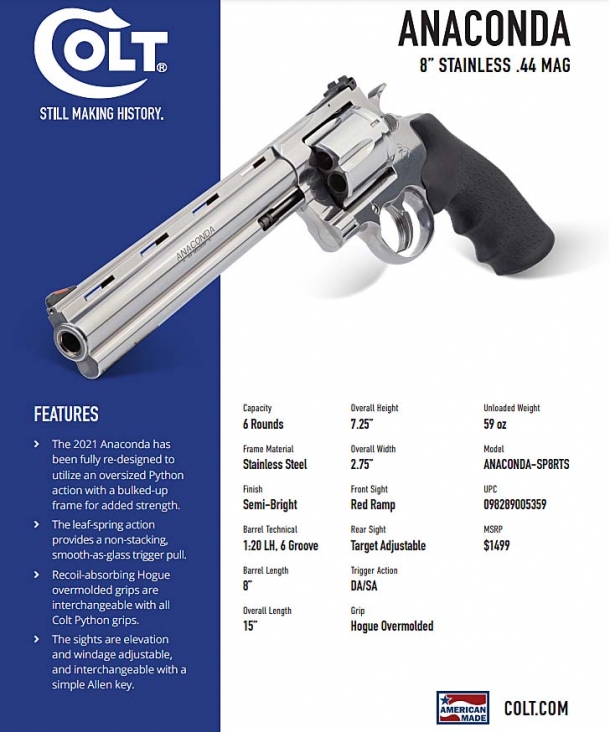 Colt Anaconda revolver: back by popular demand Technical features of the new Colt Anaconda revolver, in its 8" barrel variant