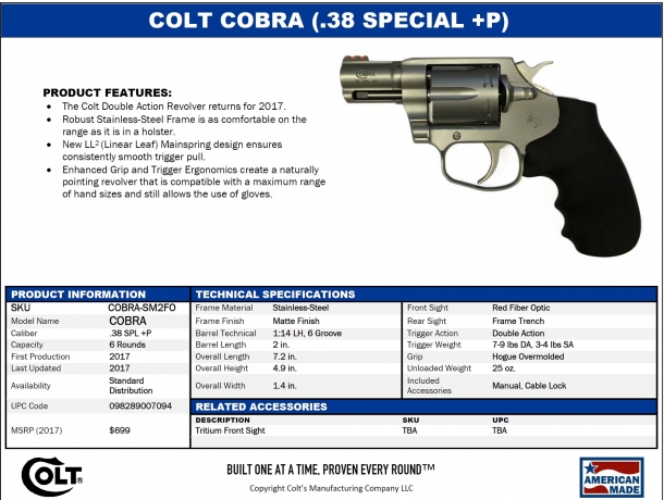 Colt announces the new Cobra double-action revolver The specs sheet for the new Colt Cobra revolver