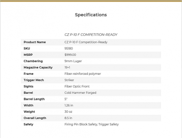 CZ P-10F Competition-Ready: a new striker-fired pistol, ready for practical shooting! The technical specifications of the new CZ P-10F Competition-Ready pistol