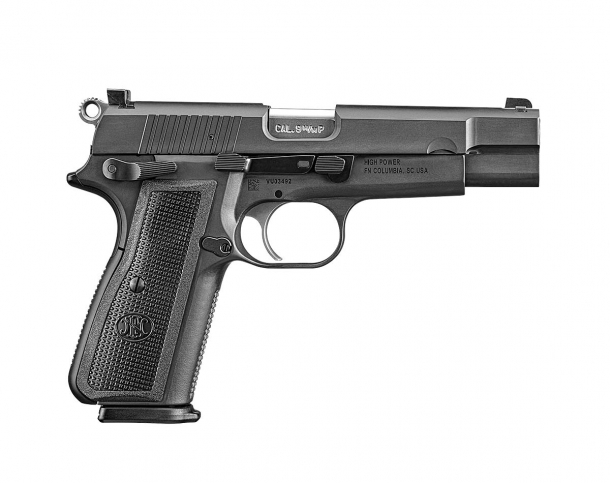 FN High Power: the legendary service pistol returns home! FN America High Power 9mm Luger semi-automatic pistol – right side, black version with black polymer grips