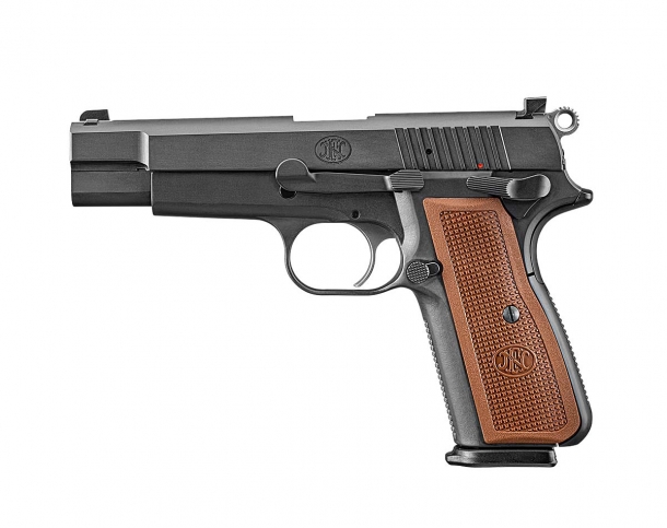 FN High Power: the legendary service pistol returns home! FN America High Power 9mm Luger semi-automatic pistol – left side, black version with wooden grips
