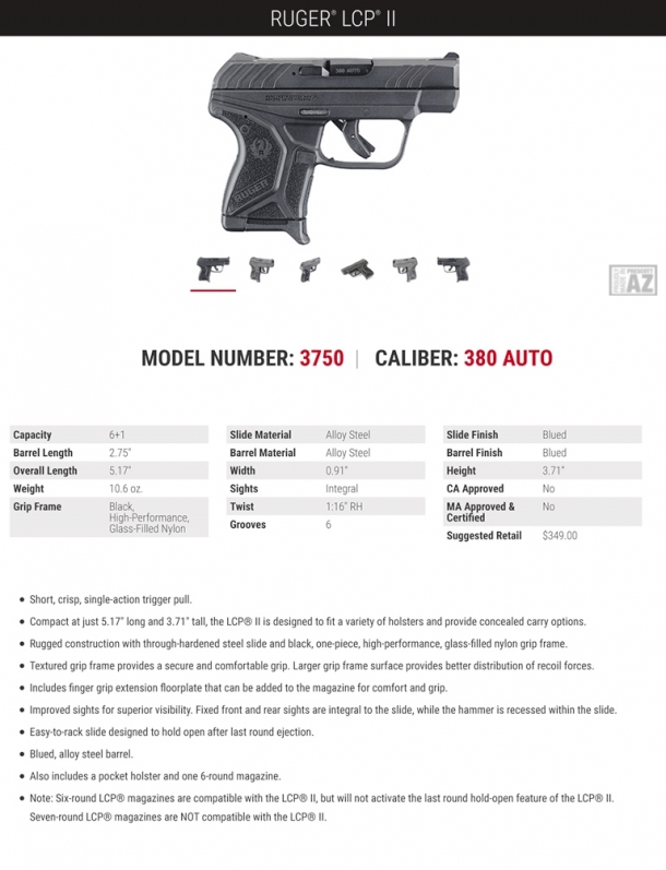 Ruger Firearms introduces the LCP II pocket pistol The technical specs flyer for the Ruger LCP II pistol