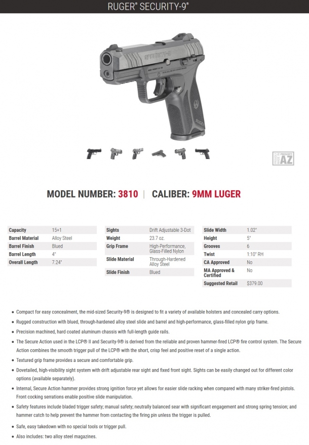 Ruger introduces the new Security-9 semi-automatic pistol The technical specs of the new Ruger Security-9 pistol