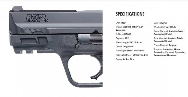 Smith & Wesson M&P M2.0 Compact series pistols now available with 3.6" barrel Specifications for the Smith & Wesson M&P M2.0™ 3.6" Compact pistol, .40 caliber