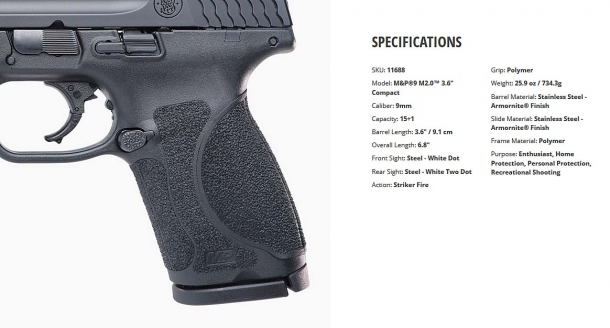 Smith & Wesson M&P M2.0 Compact series pistols now available with 3.6" barrel Specifications for the Smith & Wesson M&P M2.0™ 3.6" Compact pistol, 9mm caliber