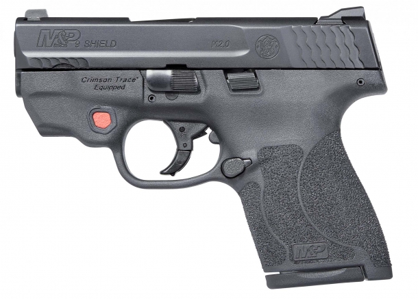 Smith & Wesson announces the M&P Shield M2.0 pistol series The Smith & Wesson M&P Shield M2.0 is also available with an integrated Crimson Trace red- or green-light laser pointer, activated by a prominent rubberized, ambidextrous red button located on the frame just in front of the trigger guard