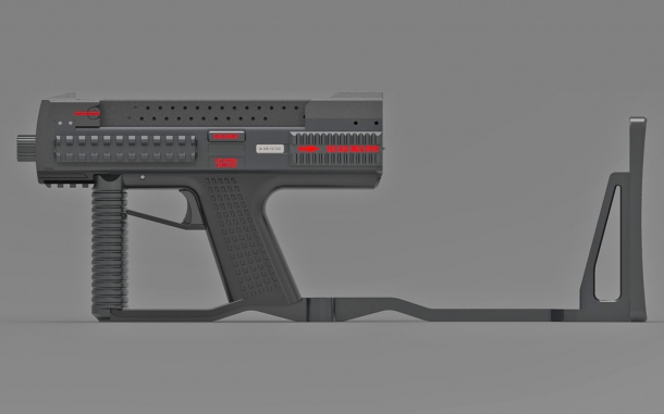 La pistola Bullpup di Tecnostudio Engineering a IWA 2018 La Tecnostudio Engineering Bullpup Pistol TSE con calciolo pieghevole, aperto