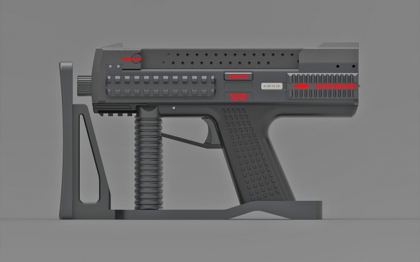 La pistola Bullpup di Tecnostudio Engineering a IWA 2018 La Tecnostudio Engineering Bullpup Pistol TSE con calciolo pieghevole, chiuso