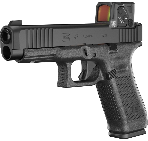 Glock concealed carry pistols with Aimpoint COA red dot sight Glock 47 pistol with Aimpoint COA red dot sight