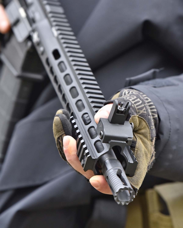 A detail of the muzzle device