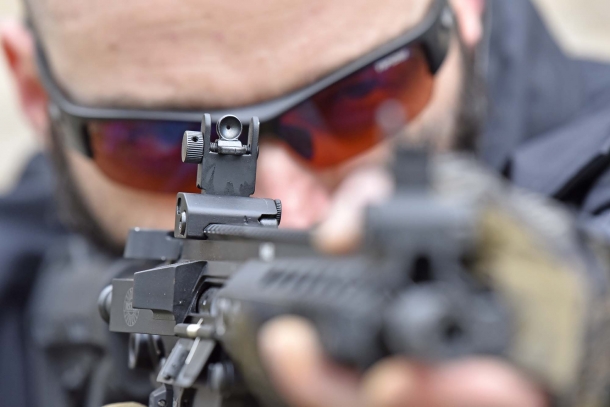Close-up view of the flip-up rear sight