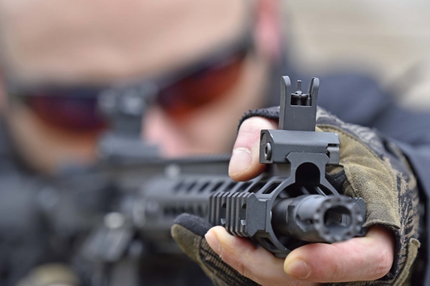 Close-up view of the flip-up front sight