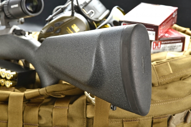 A close-up of the fiberglass stock, with its cheekpiece and Pachmayr Decelerator buttpad