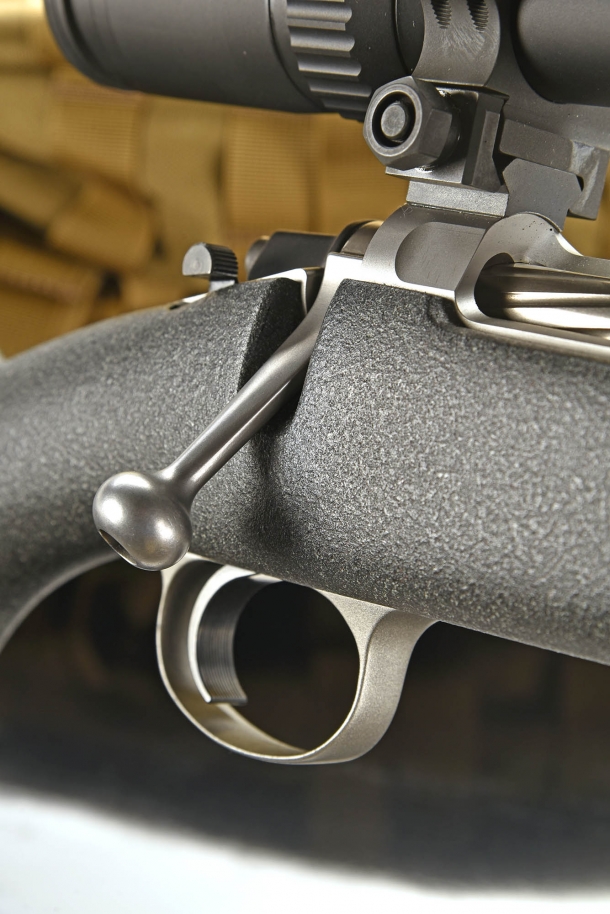 The peculiar shape and angle of the bolt handle