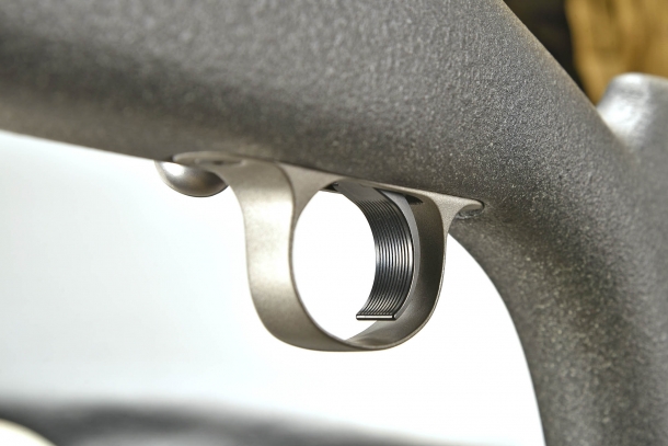 A detail of the grooved surface of the trigger – a single-stage, adjustable Timney