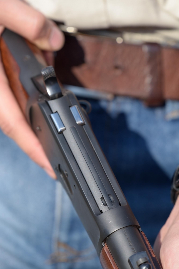 Chiappa Firearms 1892 Trapper Skinner lever action carbine Top view of the bolt, with the two strong locking lugs at its back