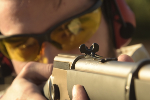 Front view of the half-buckhorn style rear sight, very good for all kind of informal shooting