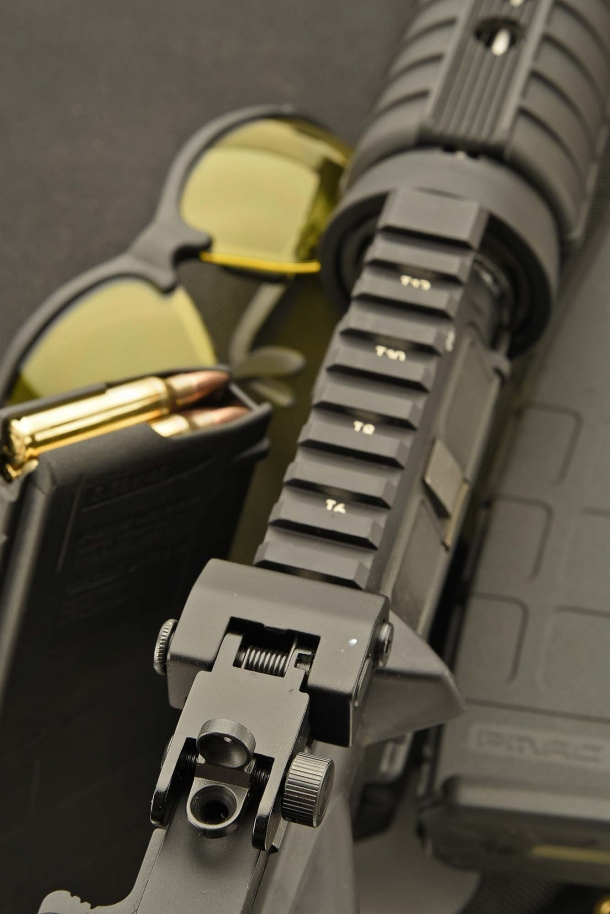 Top view of the standard Picatinny rail, with the flip-up rear sight