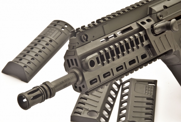 The handguard rails are exposed through the simple removal of the polymer covers