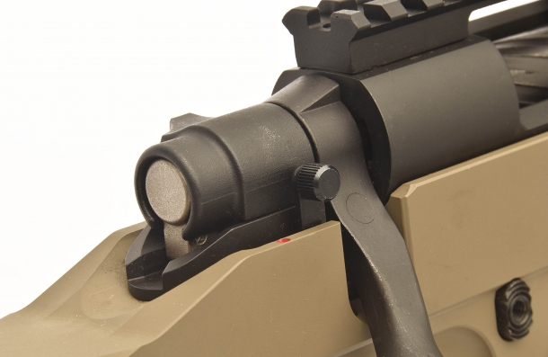 When the action is armed, the striker tail is visible and can be verified at thumb touch