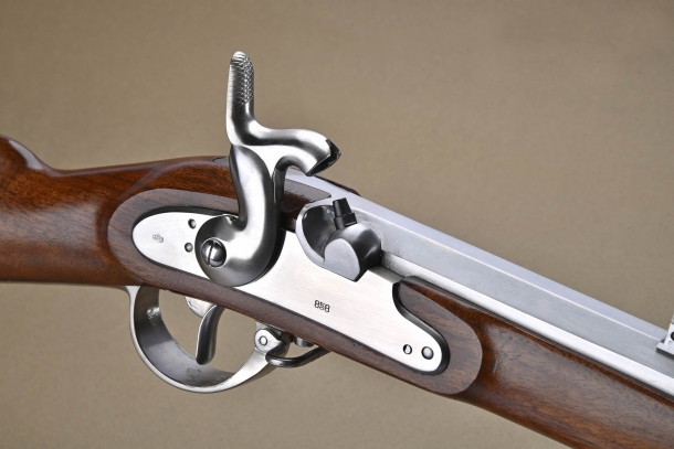 Hammer at half-cock: the internal safety is engaged and the trigger is blocked