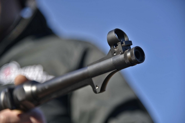 The hooded front blade sight of the BD 38, just over the quintessential support