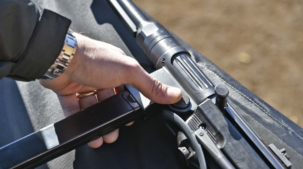 The magazine release catch is located on the left side