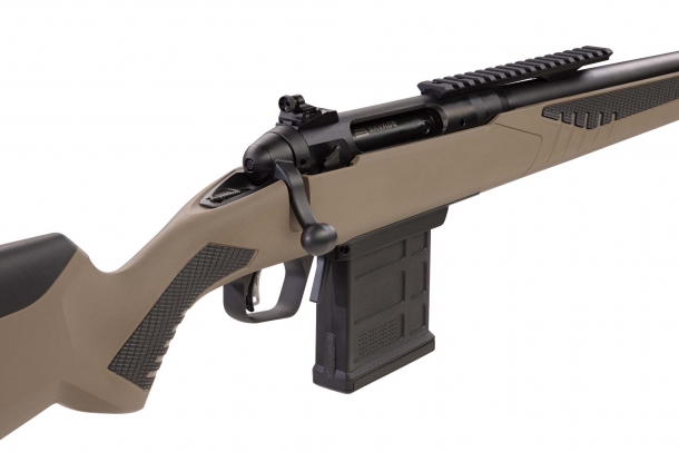 Savage Arms 110 Scout bolt action rifle The action and adjustable Williams peep-hole sight of the Savage 110 Scout rifle