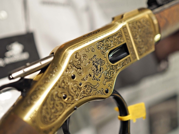 1866-2016: Winchester 150 years anniversary Detail of the engraving on the frame of the the Winchester 1866 commemorative rifle
