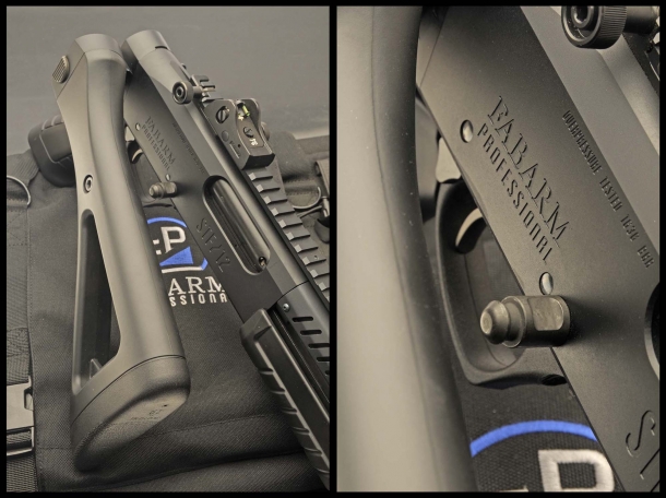 A bolt protruding from the right side of the receiver locks the stock when folded