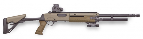 A Fabarm STF/12 Pistol Grip, with optional accessories like telescopic stock, Picatinny rail for optics, muzzle brake