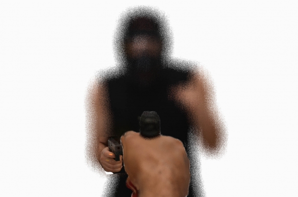 questo è quello che vede l'occhio sotto stress, in una situazione di luce scarsa, puntando l'arma nera verso un bersaglio scuro. 