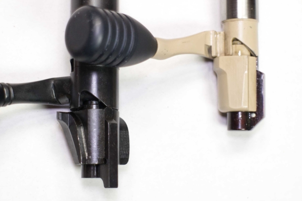 On a 3 lugs bolt (left) the firing pin cocking ramp is steeper, requiring additional effort