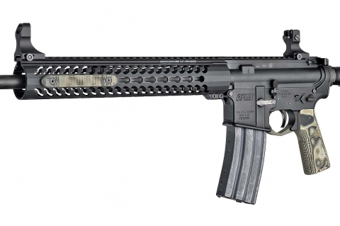 An AR-15 rifle with the new Hogue G10 KeyMod rail covers mounted
