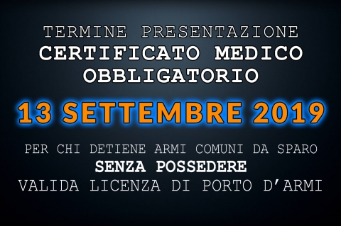 Detenzione armi e certificato medico obbligatorio: scadono i termini
