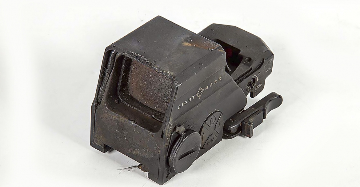 A burned Sightmark Ultra Shot M-Spec reflex sight: nearly indestructible!